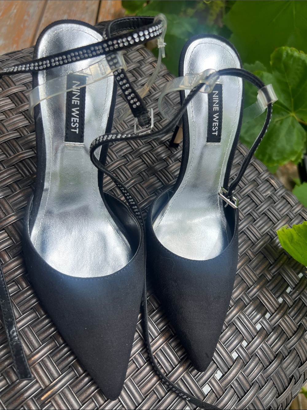 Nine West Black Pointed-Toe Slingbacks with Crystal Straps